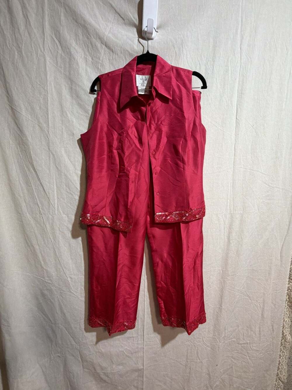 Vintage 100% Silk Vision Apparel Women's Fuchsia  Beaded 2-Piece Sleeveless Vest